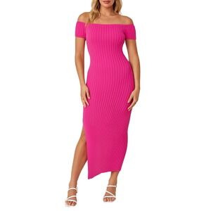 ASTR The Label Pink Ribbed Knit Off Shoulder Midi Dress Bodycon Party Size‎ S
